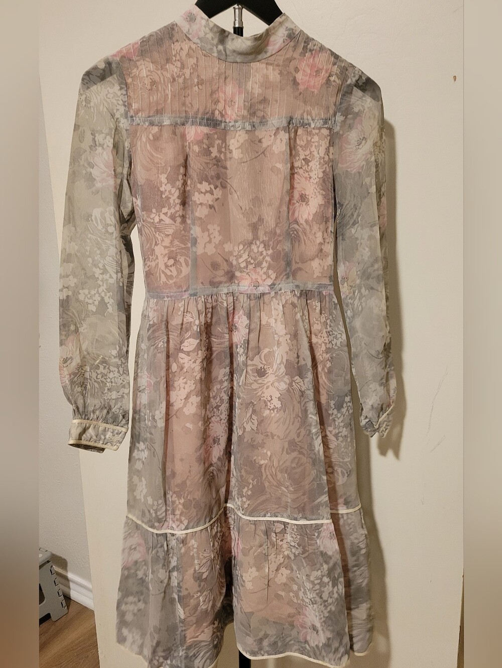 Vintage 1970's Romantic Sheer Floral Tiered Midi Dress in Blush and Gray